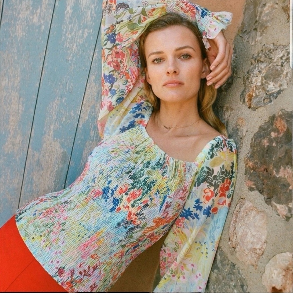 Anthropologie Women's Rouen Yellow Floral Motif Smocked Blouson Top Size Small